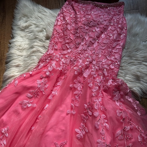 MORI LEE Bright Pink 2 Piece Floral Sparkly Lace Up Prom Gown - Picture 8 of 13
